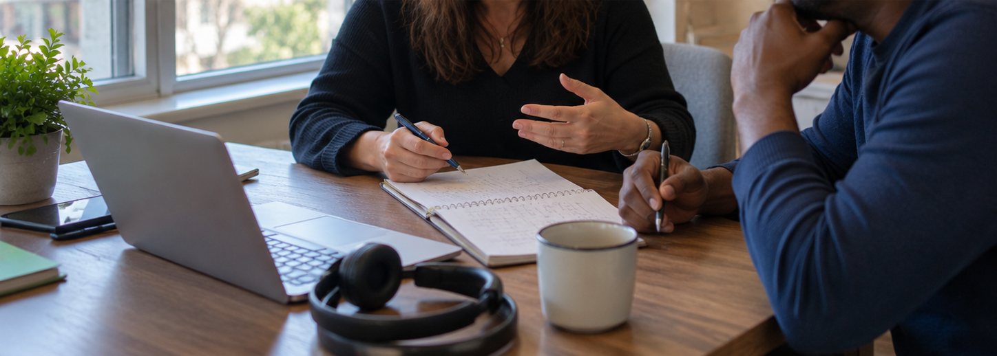 Two people talking over a notebook at a desk with a laptop and a headset