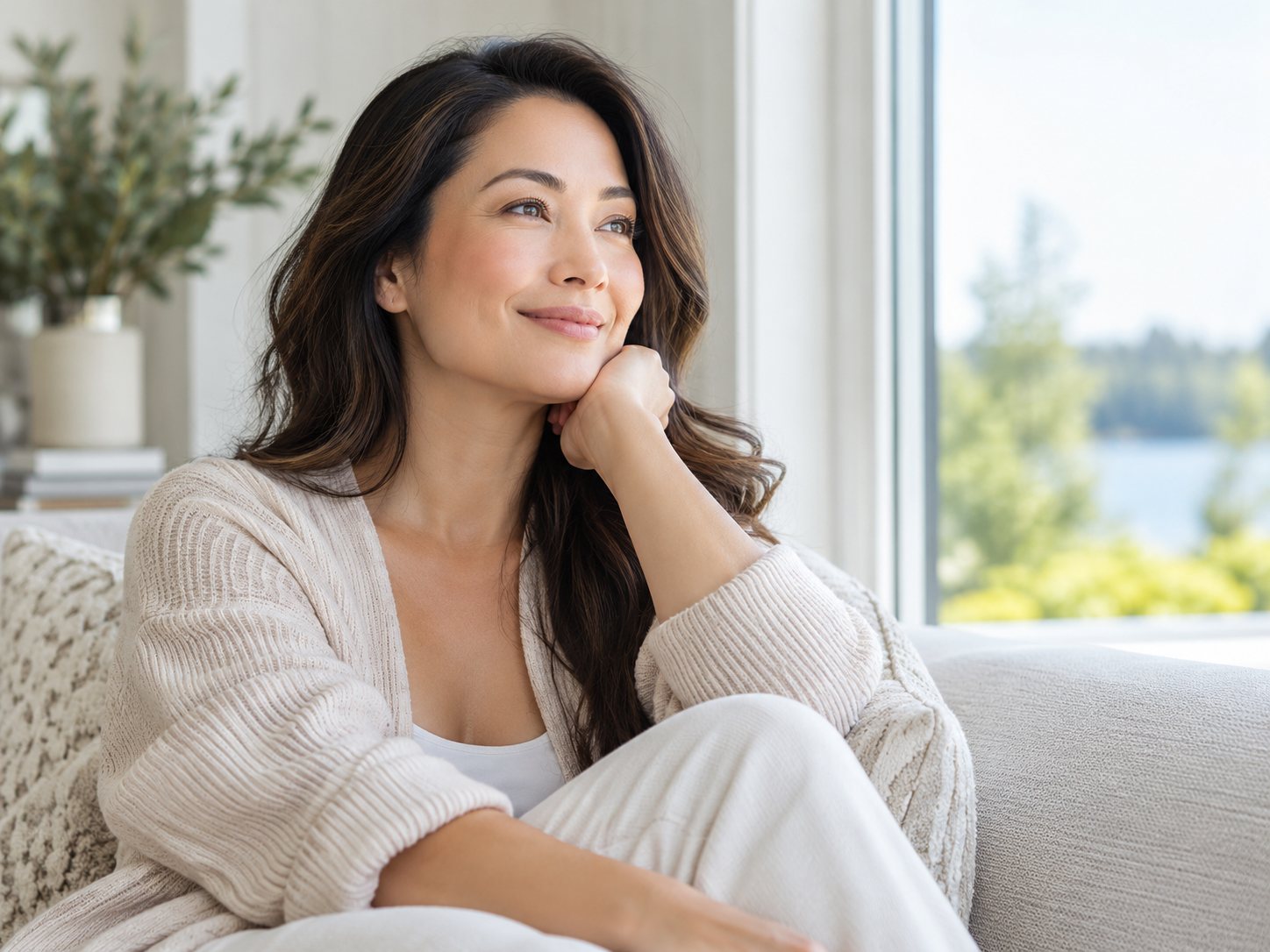 A woman relaxing on a sofa at home