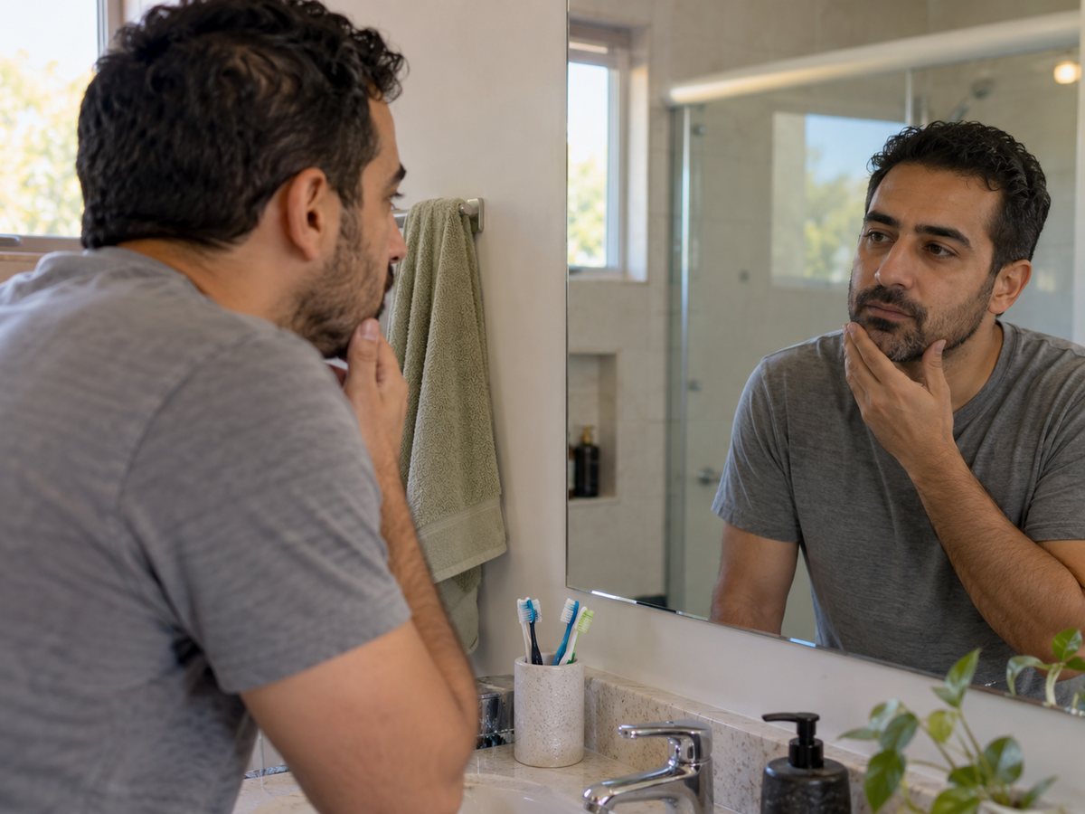 A man looking in his bathroom mirror in the morning